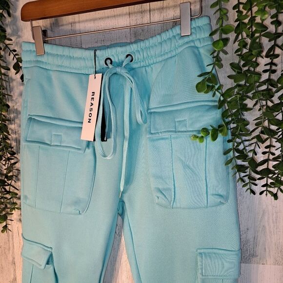 NWT Reasons Baxter Multi pocket Cargo Sweatpants/Joggers in Aqua - Picture 4 of 8